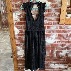 Whimsigoth Midi Sheer Dress M Black Gothic Grunge Flutter Sleeve Open Back Festi